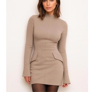 HOUSE OF CB 'Mahalia' Taupe Long Sleeve Mini Dress/Size XL